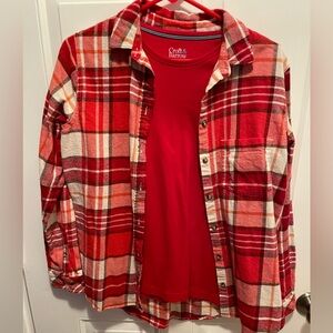 NWOT 2FER RED PLAID FLANNEL BUTTON DOWN AND RED COTTON LONG SLEEVE COTTON TEE ❤️
